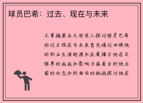 球员巴希：过去、现在与未来
