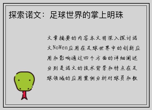 探索诺文：足球世界的掌上明珠